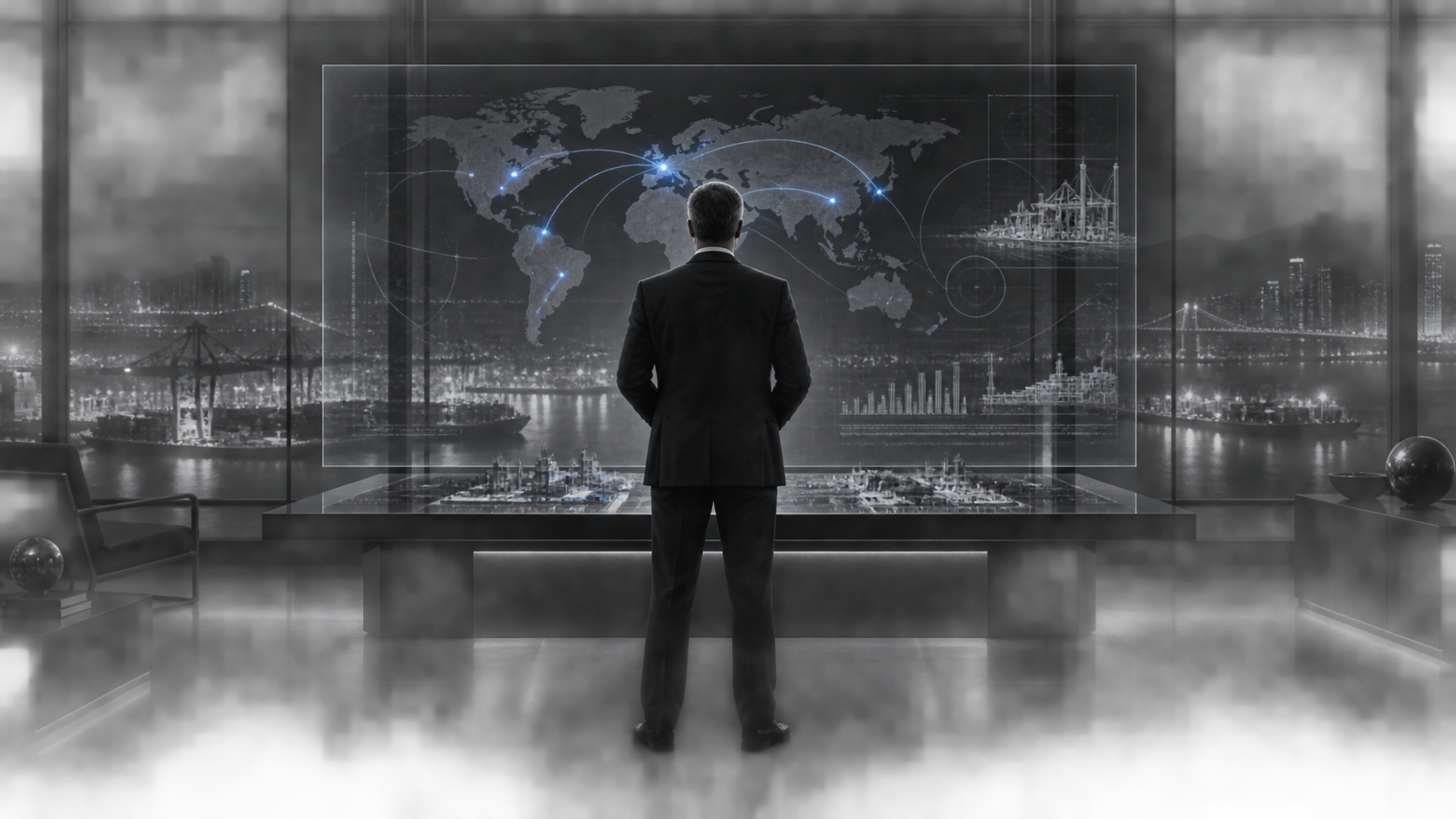 Executive reviewing a global trade network map, connecting buyers and sellers worldwide