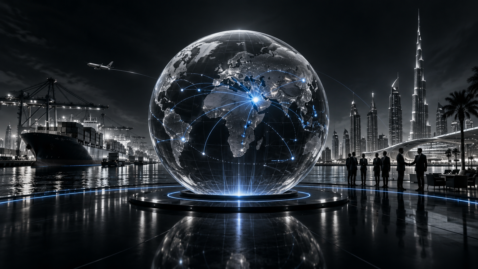 Illuminated globe of trade routes above Dubai's port, ships, and skyline