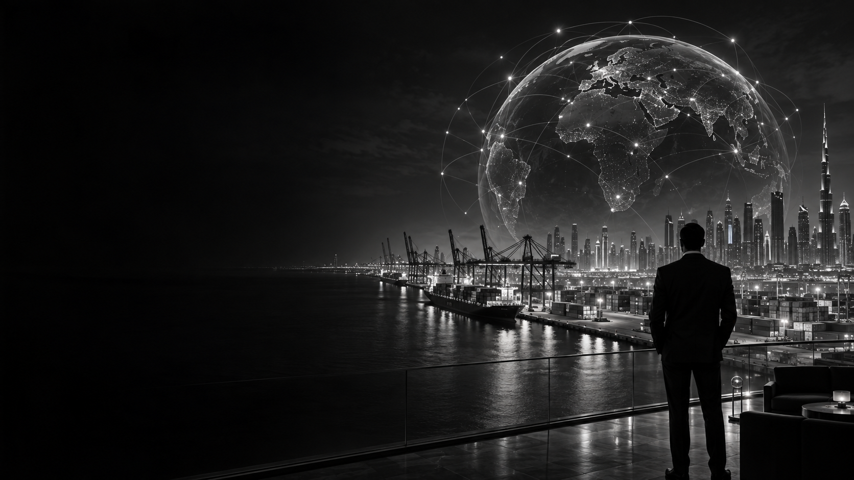 Silhouette of a businessman overlooking Dubai's port and skyline beneath a connected global trade network
